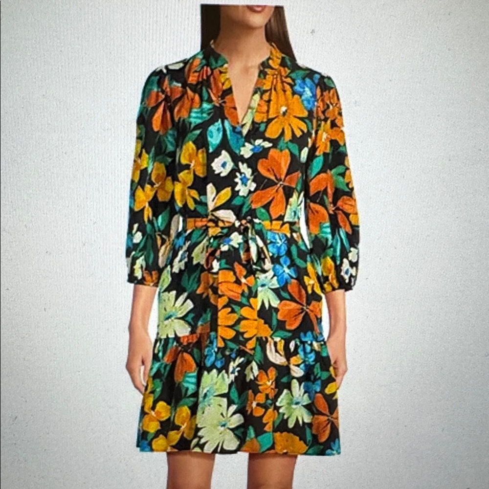 Jessica Howard Petite Size Floral Print Split V-Neck 3/4 Sleeve Ruffle Hem